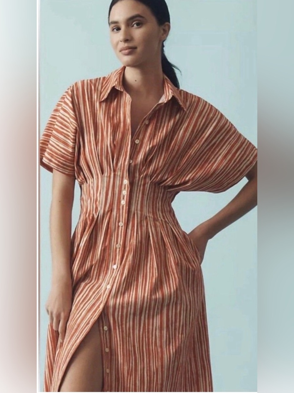 Tobie Button Front Shirt Dress by Exquise. Red and camel stripe.
